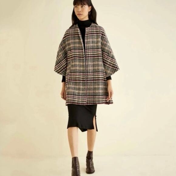 Anthropologie Eva Franco Plaid Wool Blend Kimono Coat Wrap Jacket xs/sm - Picture 2 of 6